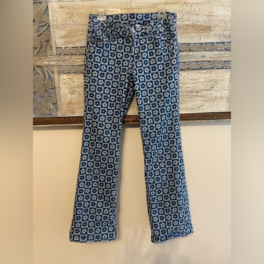 Blue Floral Patterned Pants